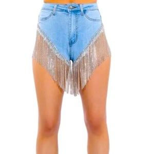 Denim Rhinestone Fringe Shorts